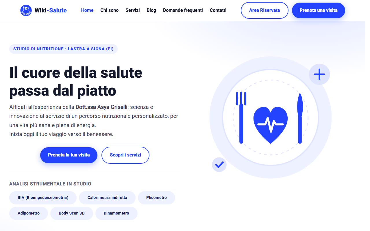 Home del sito Wiki-Salute: titolo «Il cuore della salute passa dal piatto» e illustrazione di un piatto con posate e un cuore.